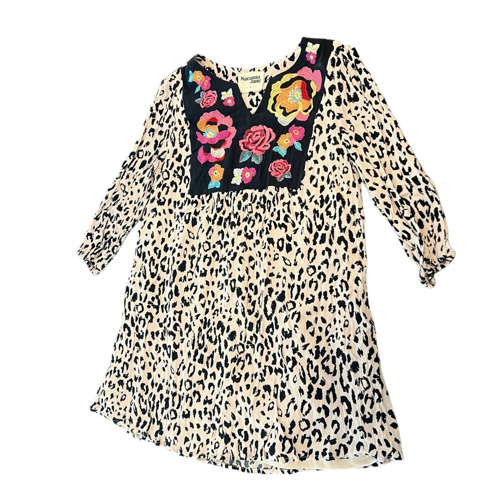 Savanna‎ Jane Leopard Floral Embroidered Tunic Top 3/4 Sleeve Large 94324